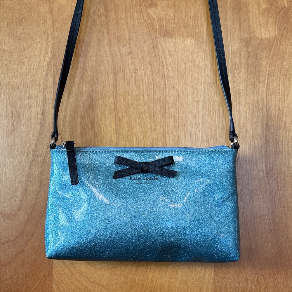 kate spade blue glitter crossbody with black bow